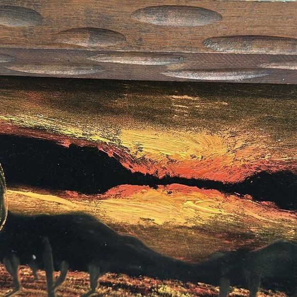 Vintage Desert Sunset Black Velvet Painting Wooden Framed Desert Landscape - Picture 4 of 17